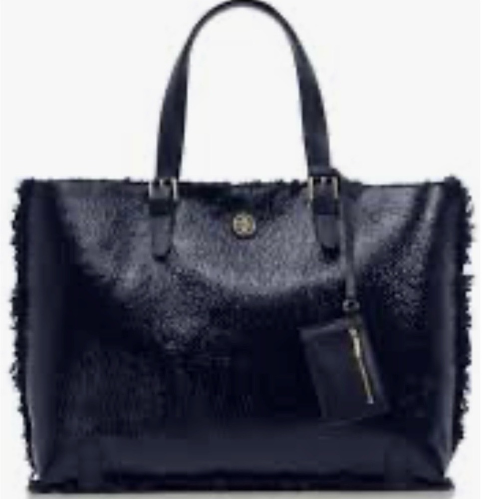 Tory Butch Navy Crinkle Patent & Sherpa Tote Bag with Zip Pouch